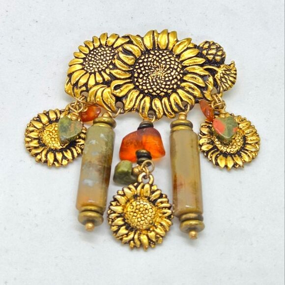 Vintage Dangle Beads Gold Tone Ornate Bar Brooch Pin Sunflower Natural Gemstones - Picture 1 of 4